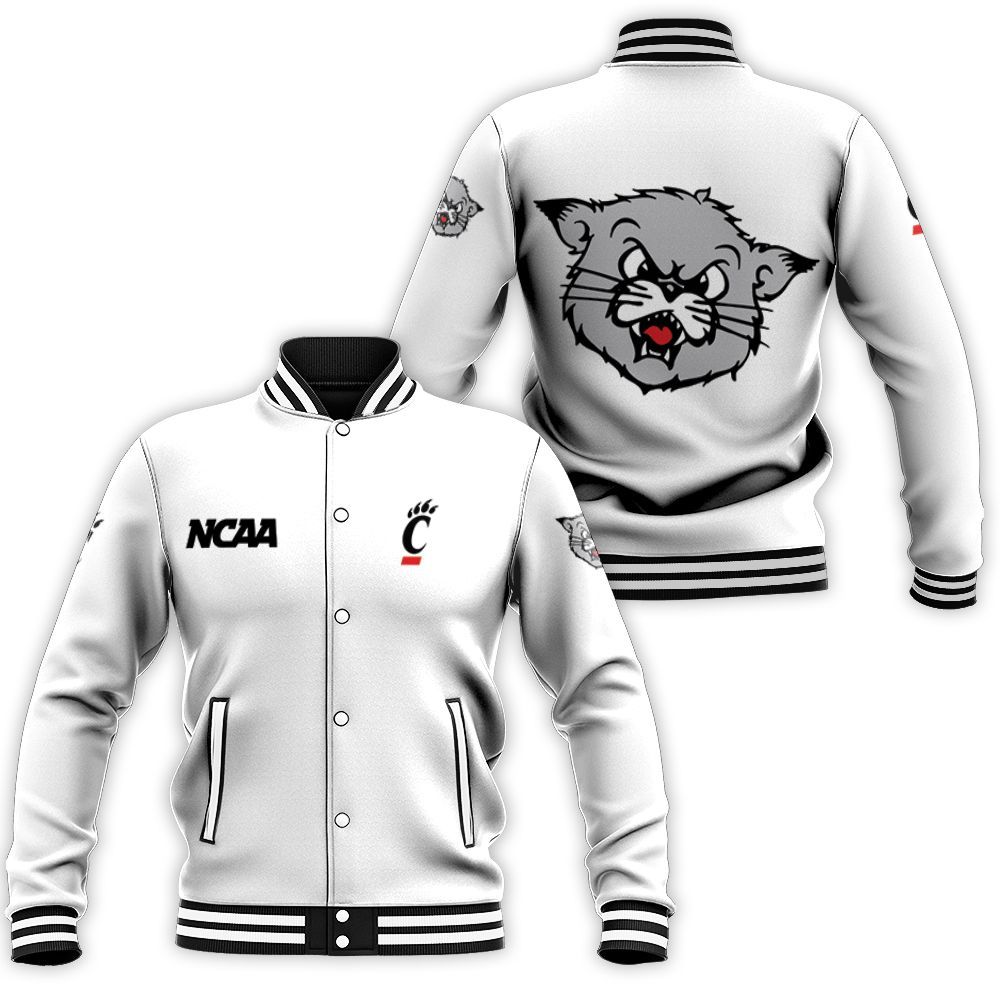 ncaa cincinnati bearcats white baseball jacket button up zipper hooded all over print 7a3k9