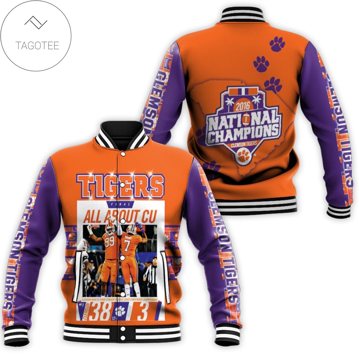 ncaa clemson tigers baseball jacket button up zipper hooded all over print v10 cplsi