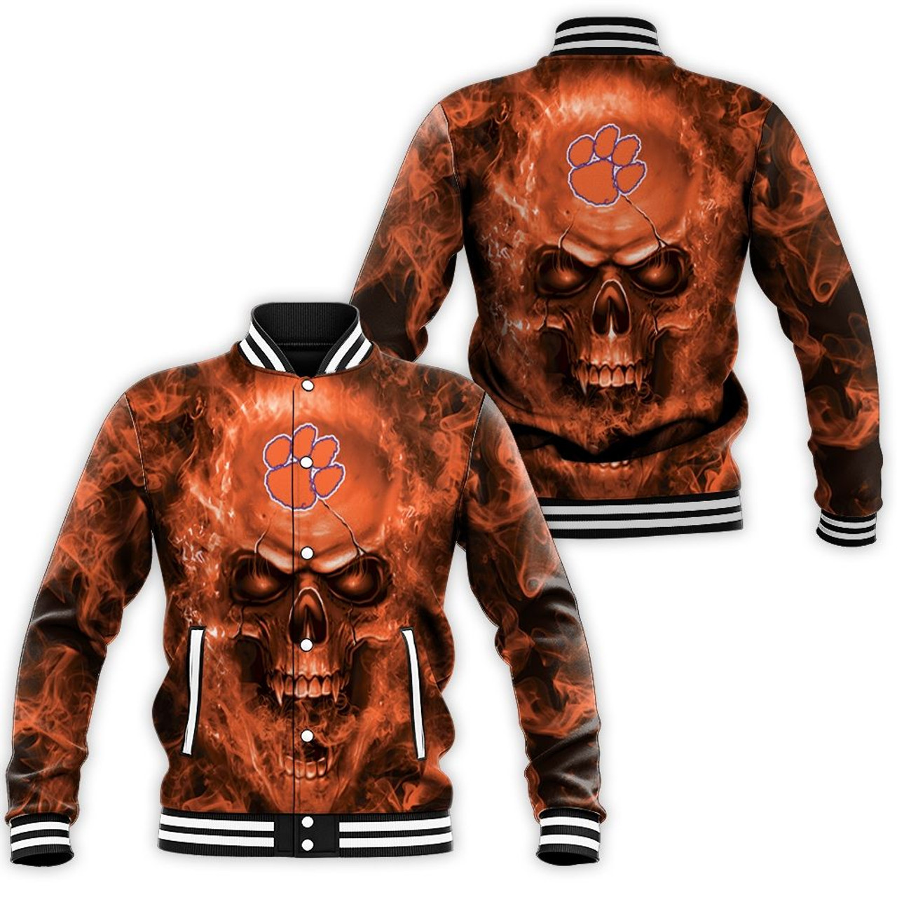 ncaa clemson tigers fans skull baseball jacket button up zipper hooded all over print tptry