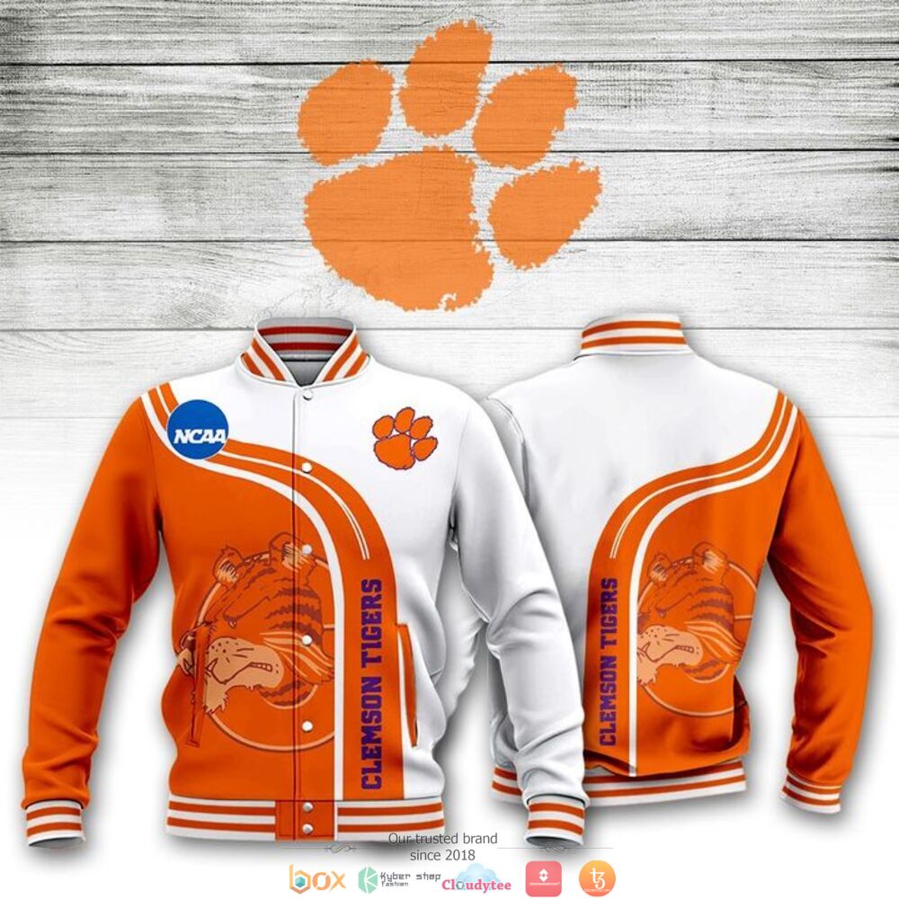 ncaa clemson tigers orange white baseball jacket button up zipper hooded all over print k5go9