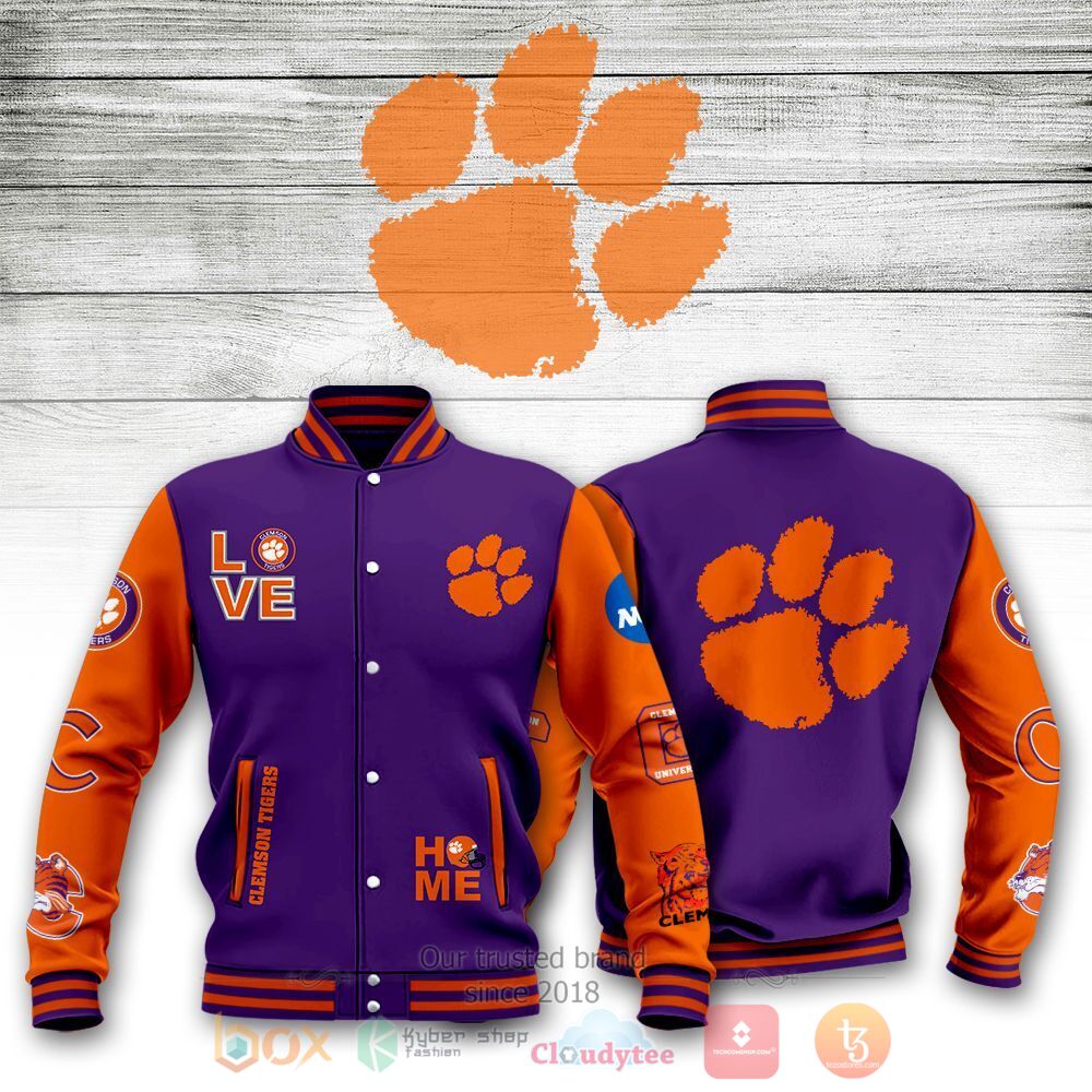 ncaa clemson tigers purple orange baseball jacket button up zipper hooded all over print f7cfw