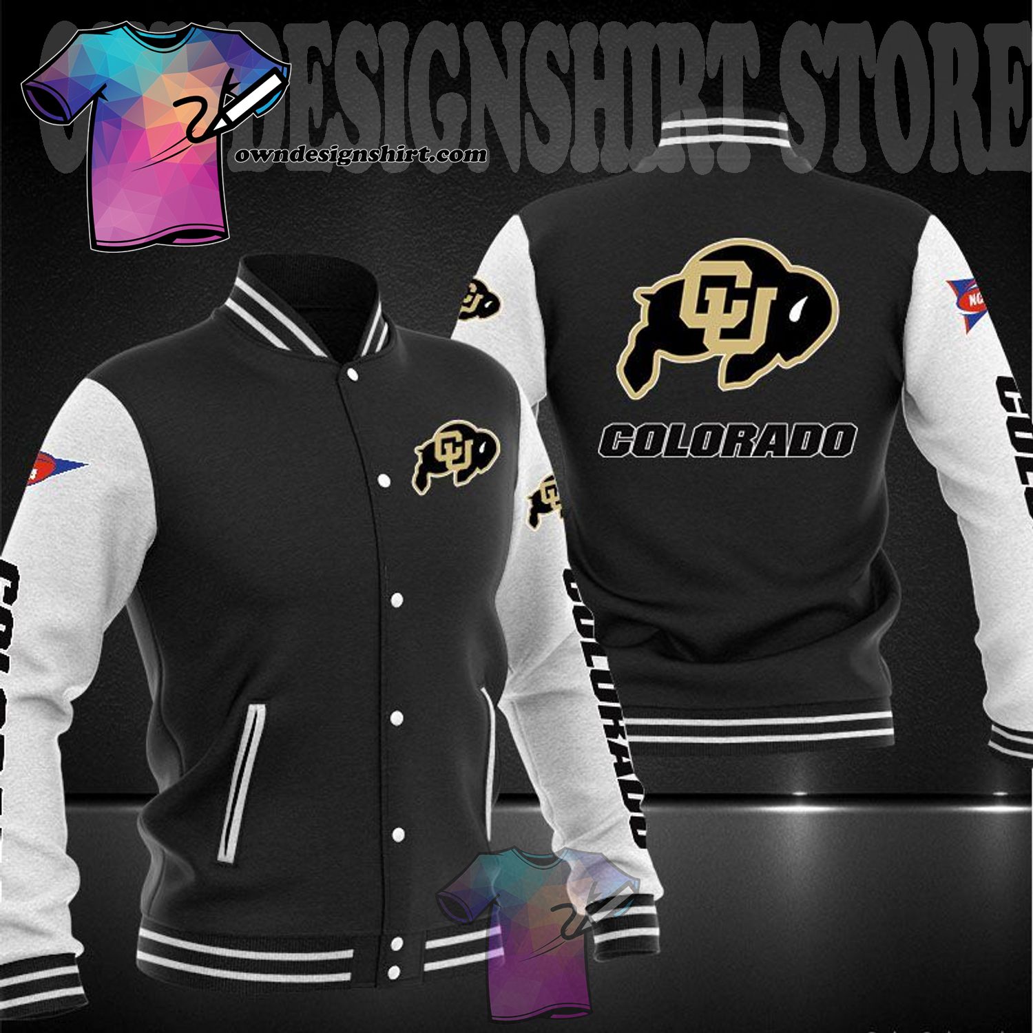 ncaa colorado buffaloes black white baseball jacket button up zipper hooded all over print 3o1i5