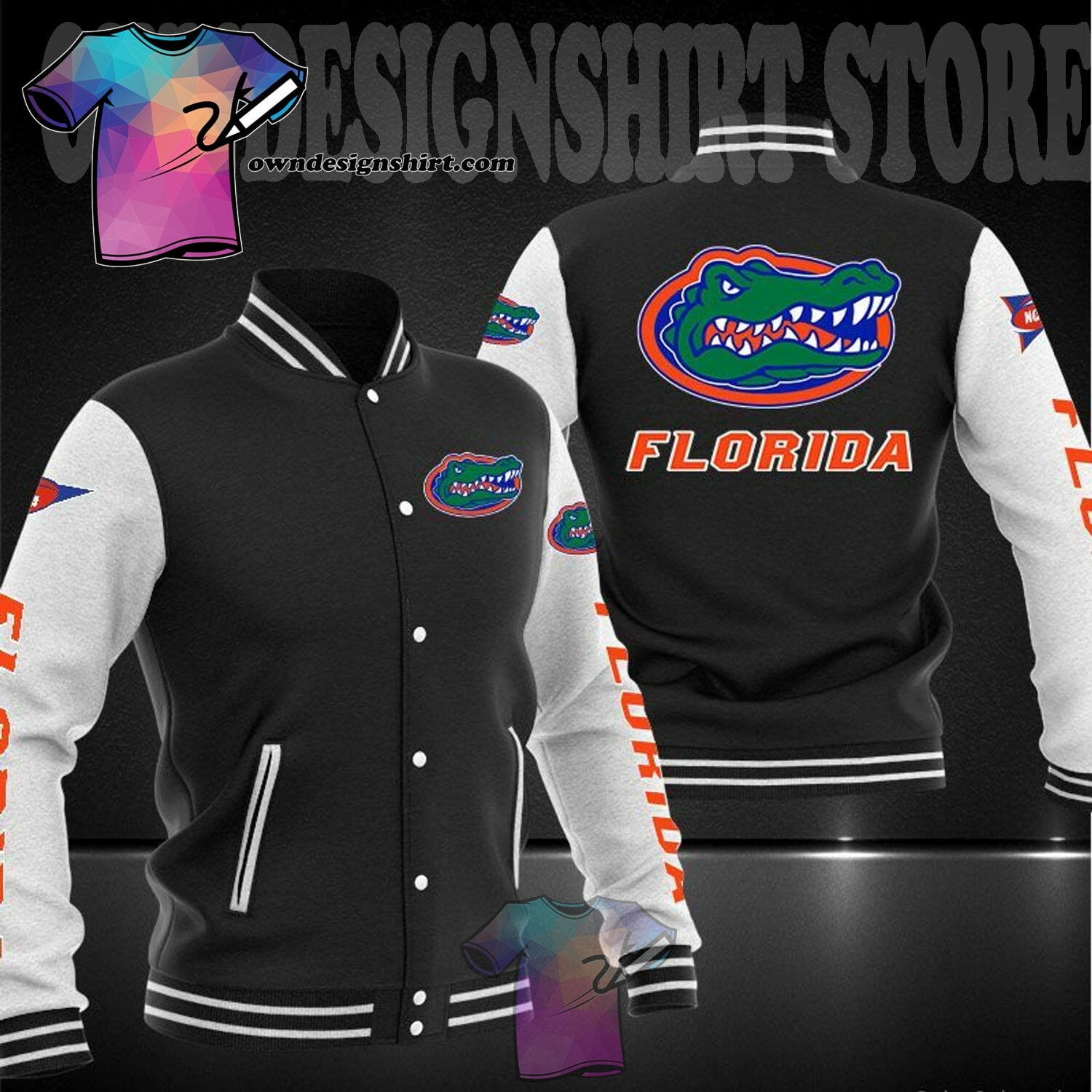 ncaa florida gators black baseball jacket button up zipper hooded all over print m3oic