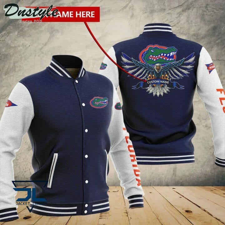 ncaa florida gators custom name navy blue baseball jacket button up zipper hooded all over print nmo3y