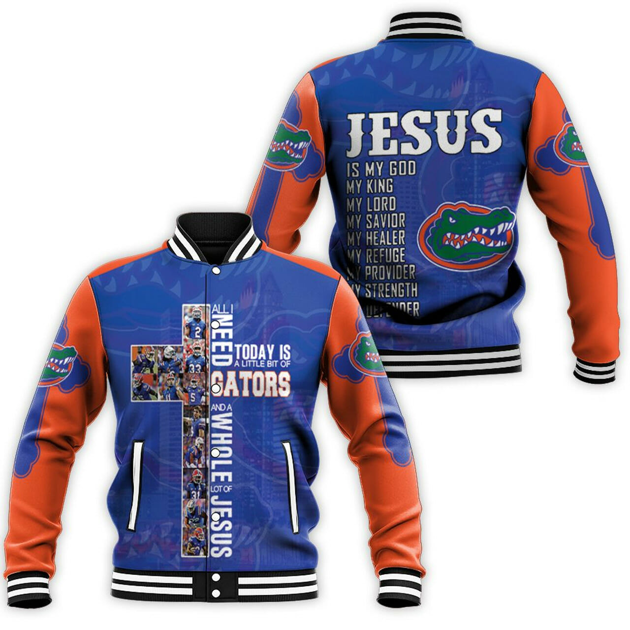 ncaa florida gators jesus blue orange baseball jacket button up zipper hooded all over print ohcqu