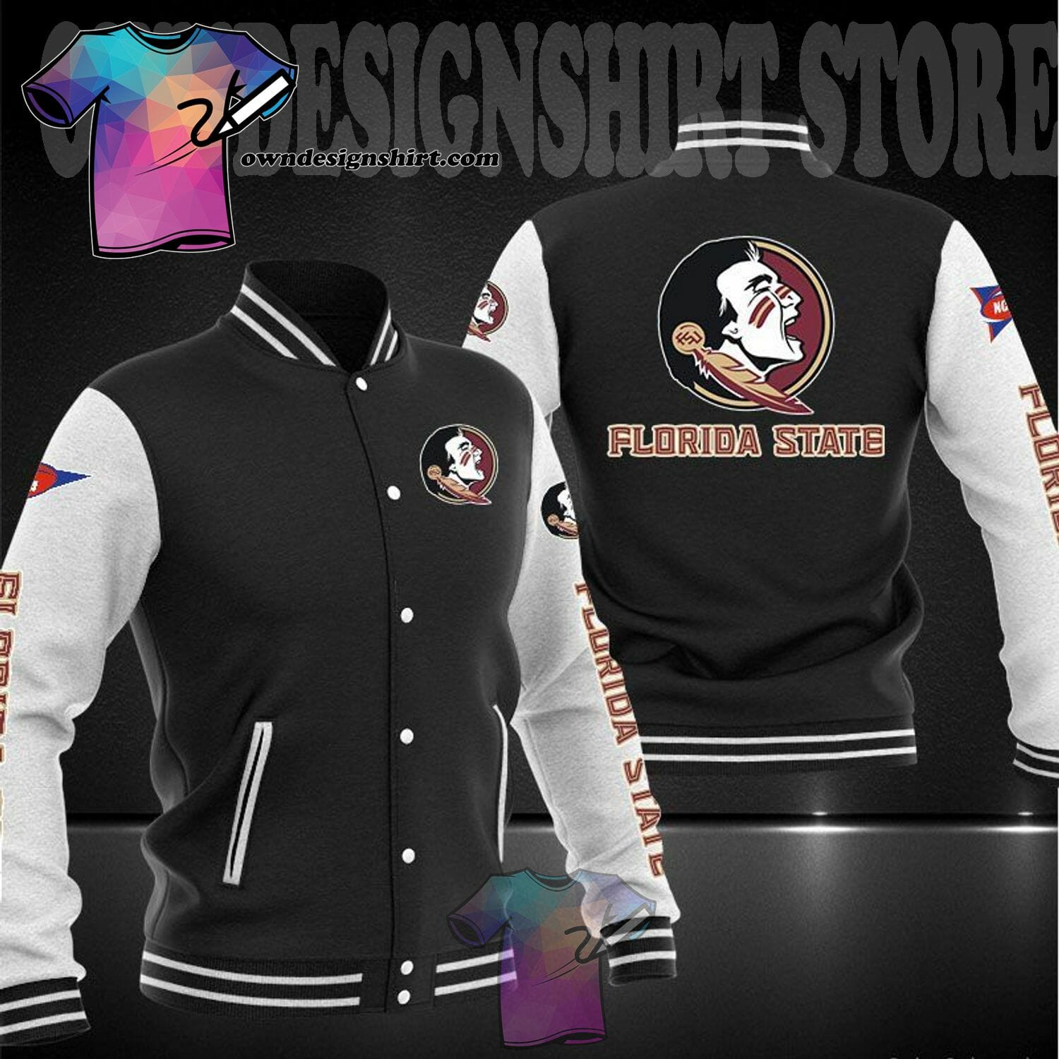 ncaa florida state seminoles black baseball jacket button up zipper hooded all over print zakuw