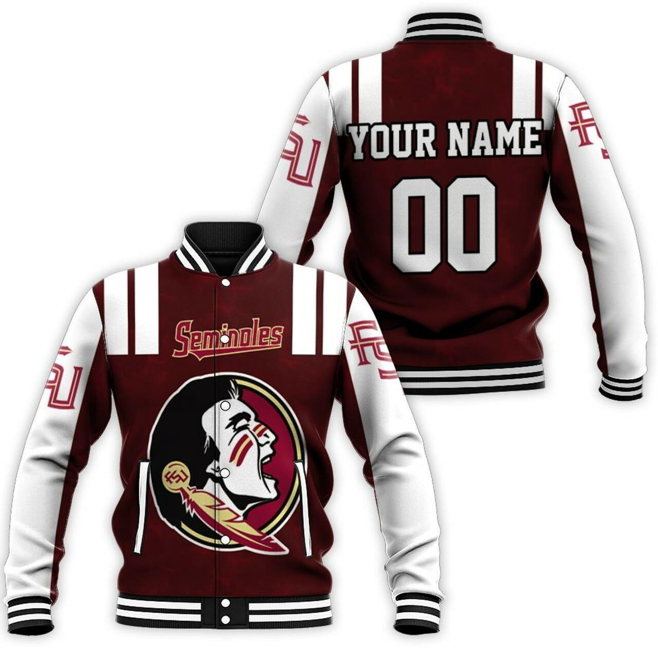 ncaa florida state seminoles custom name number garnet white baseball jacket button up zipper hooded all over print ehdyn