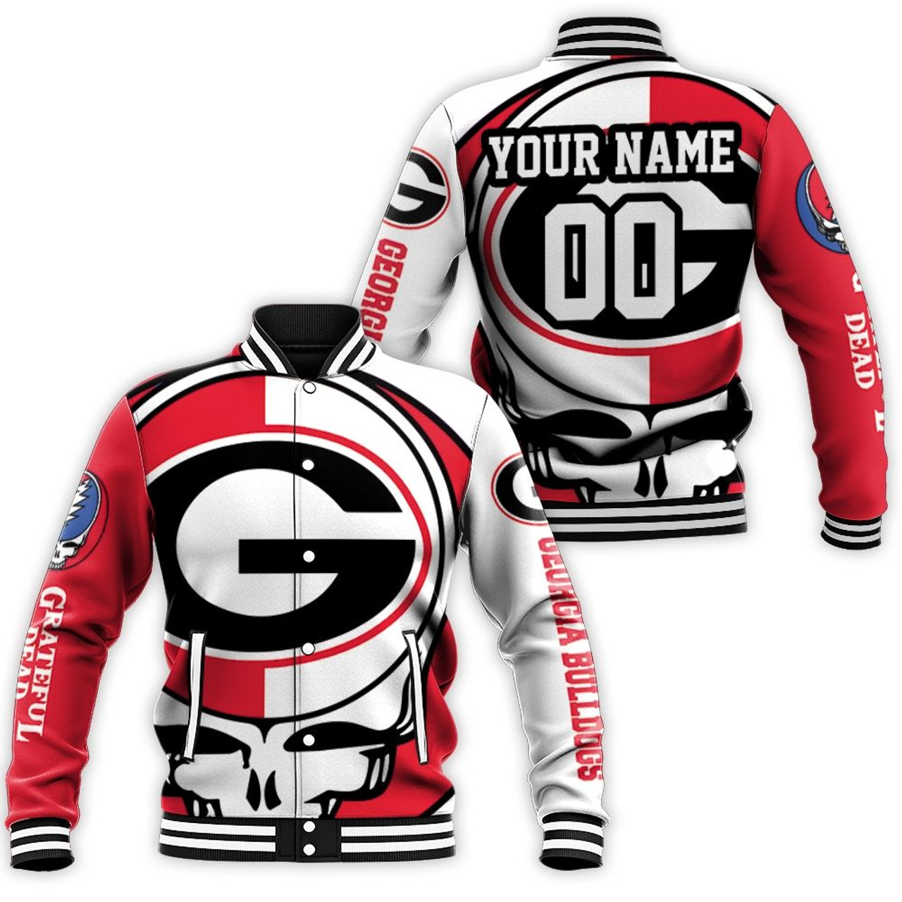 ncaa georgia bulldogs custom name number grateful dead baseball jacket button up zipper hooded all over print a2y8y