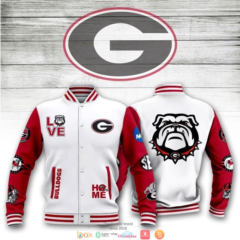 ncaa georgia bulldogs red white baseball jacket button up zipper hooded all over print v2 2vmat