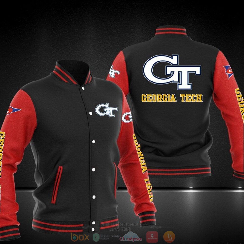 ncaa georgia tech yellow jackets black red baseball jacket button up zipper hooded all over print jvarw