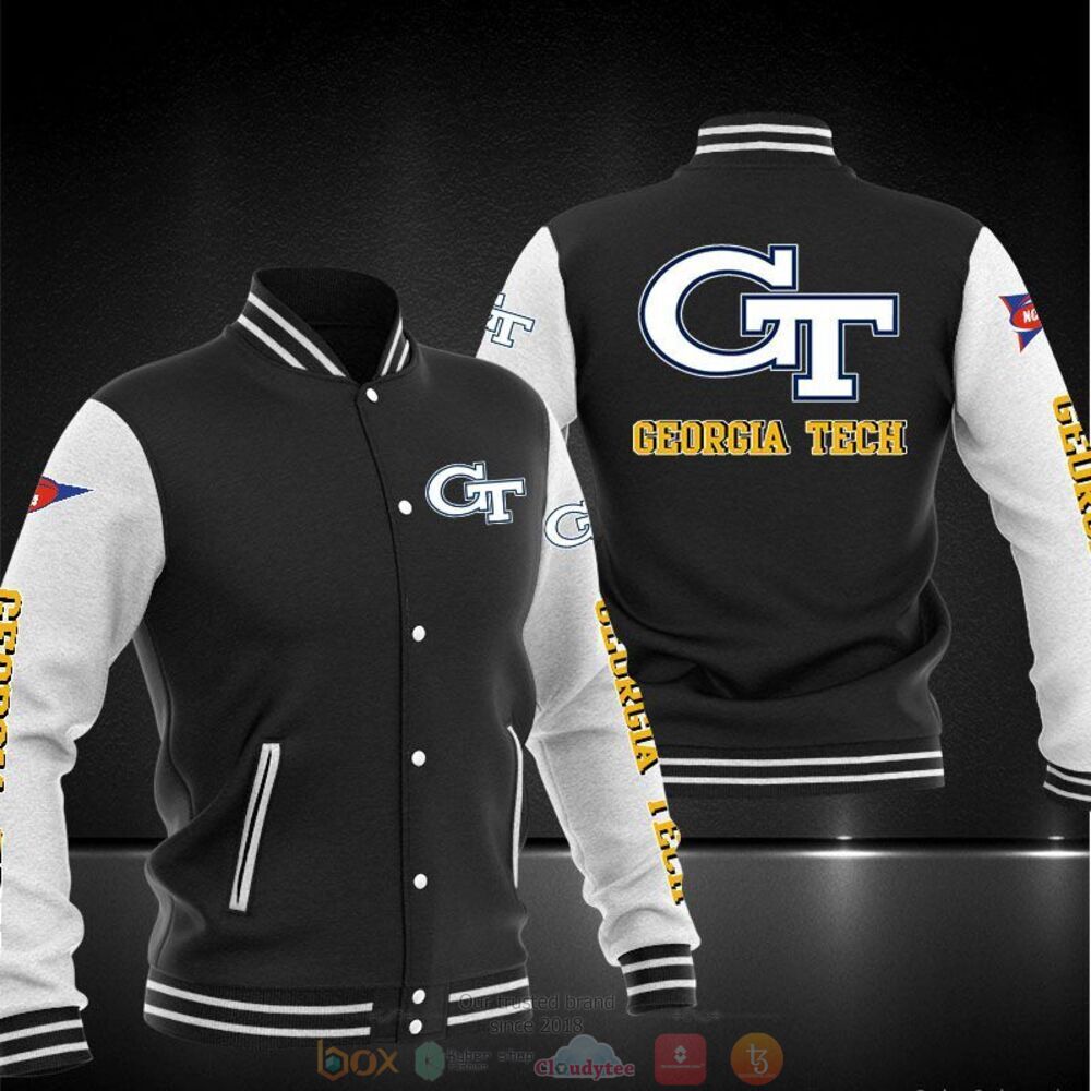 ncaa georgia tech yellow jackets black white baseball jacket button up zipper hooded all over print ienu8