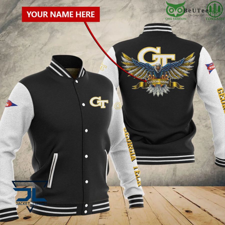 ncaa georgia tech yellow jackets custom name black white baseball jacket button up zipper hooded all over print fsckx