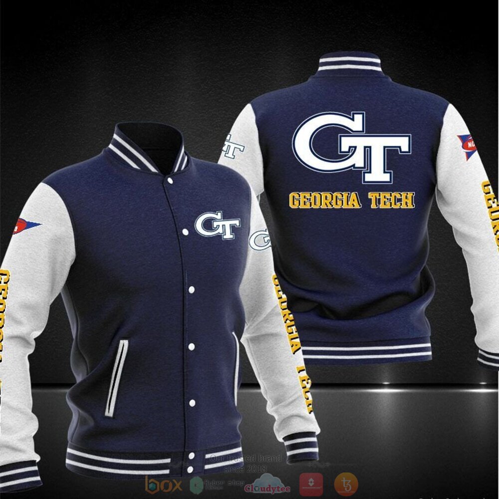 ncaa georgia tech yellow jackets dark blue white baseball jacket button up zipper hooded all over print fsrmb