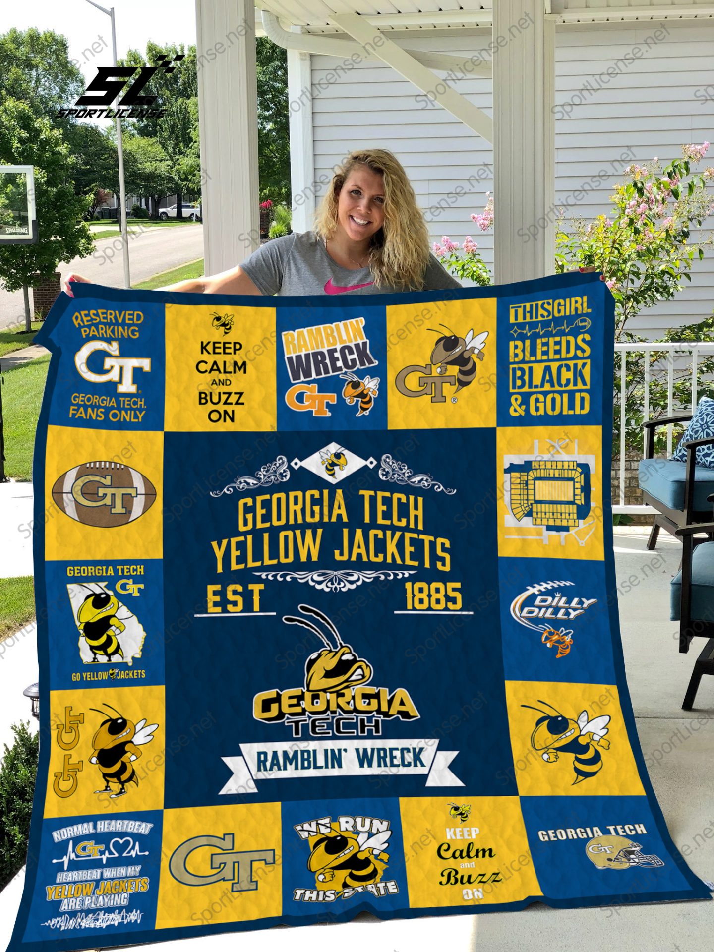 ncaa georgia tech yellow jackets est 1885 quilt fleece blanket v1 wfqf182 eqfwq