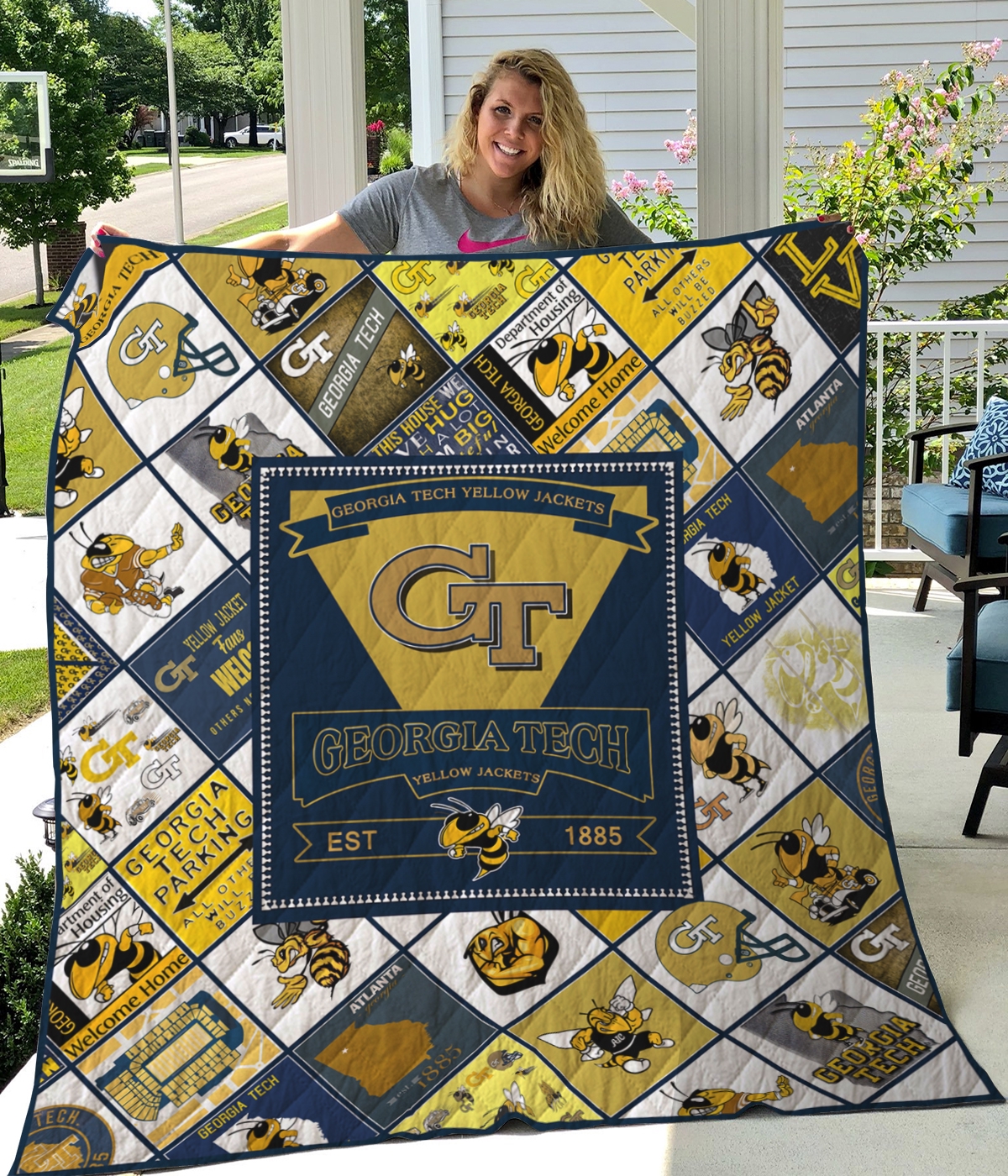 ncaa georgia tech yellow jackets est 1885 quilt fleece blanket v2 wfqf183 mbbxk