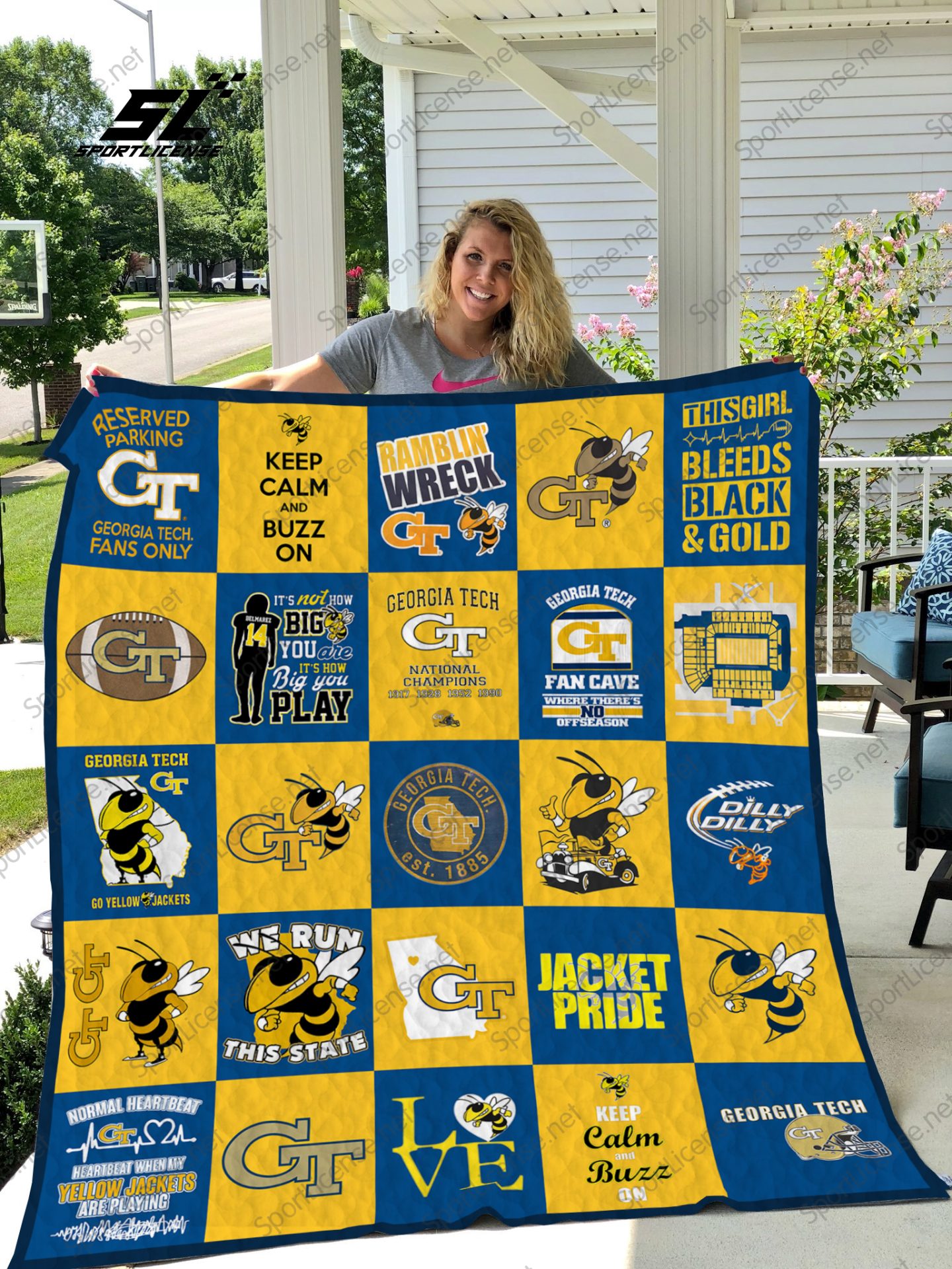 ncaa georgia tech yellow jackets yellow blue caro quilt fleece blanket wfqf191 ho8js