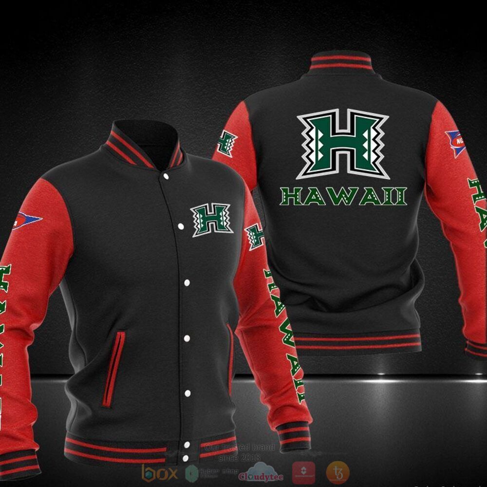 ncaa hawaii rainbow warriors black red baseball jacket button up zipper hooded all over print n7rse