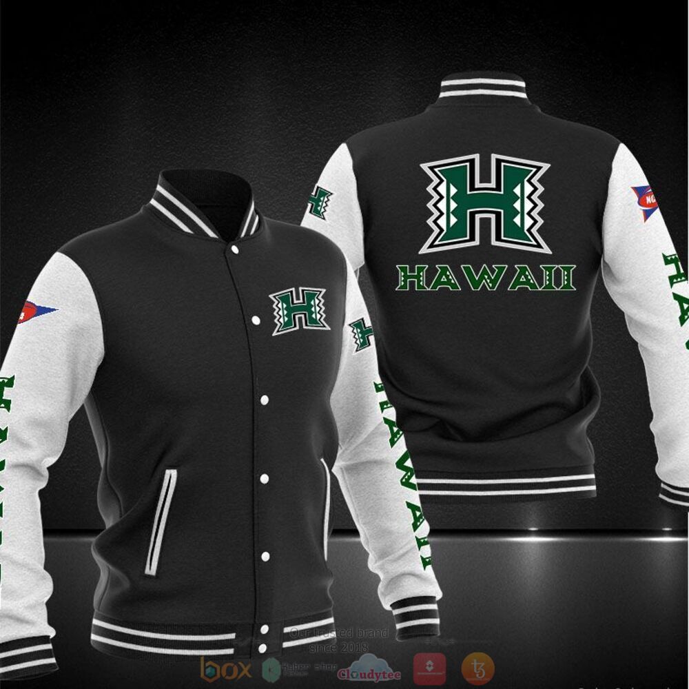 ncaa hawaii rainbow warriors black white baseball jacket button up zipper hooded all over print vuwlr