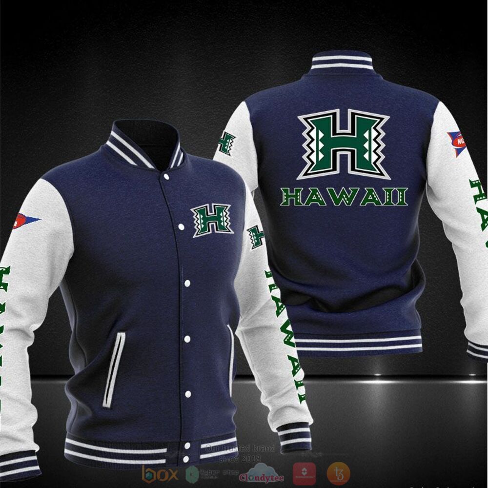 ncaa hawaii rainbow warriors dark blue white baseball jacket button up zipper hooded all over print 2zzes