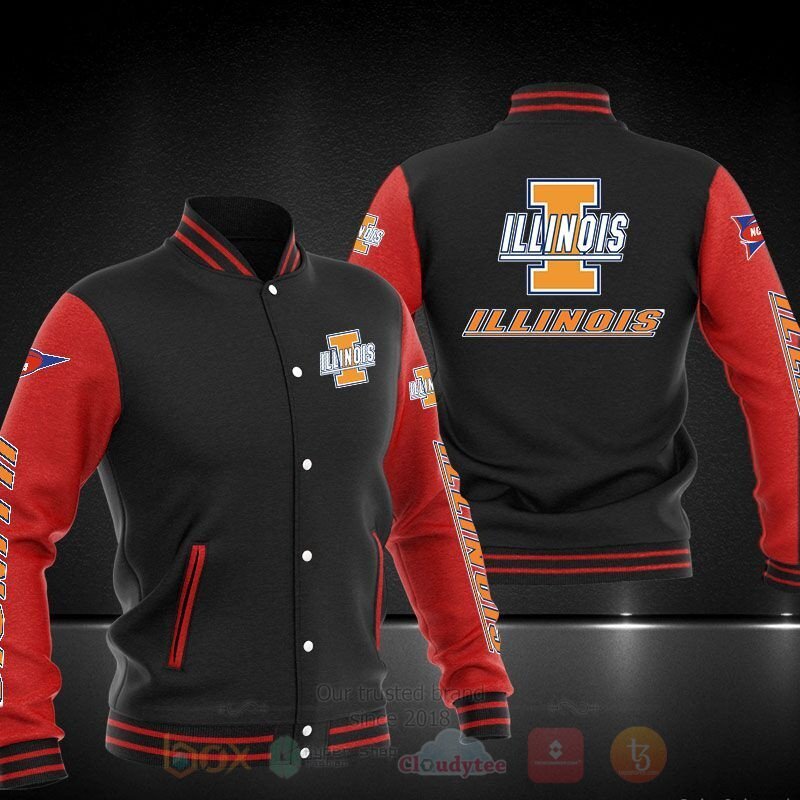 ncaa illinois fighting illini black red baseball jacket button up zipper hooded all over print an3fu