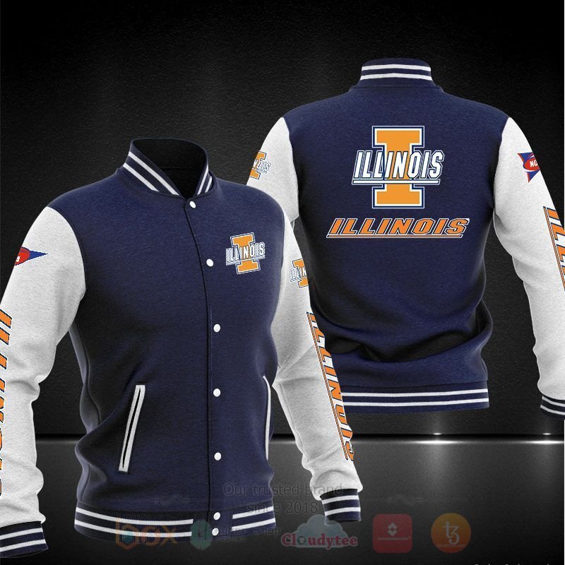 ncaa illinois fighting illini navy blue baseball jacket button up zipper hooded all over print nhjqb