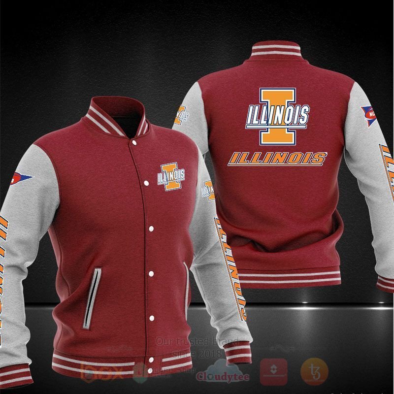 ncaa illinois fighting illini red grey baseball jacket button up zipper hooded all over print muijk