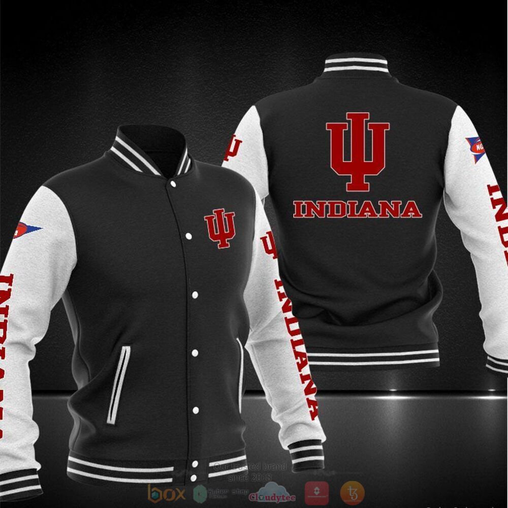 ncaa indiana hoosiers black baseball jacket button up zipper hooded all over print 4y4e0