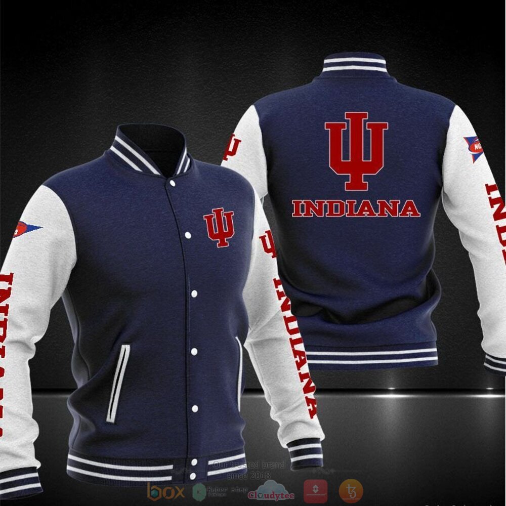 ncaa indiana hoosiers navy blue baseball jacket button up zipper hooded all over print fvkuq