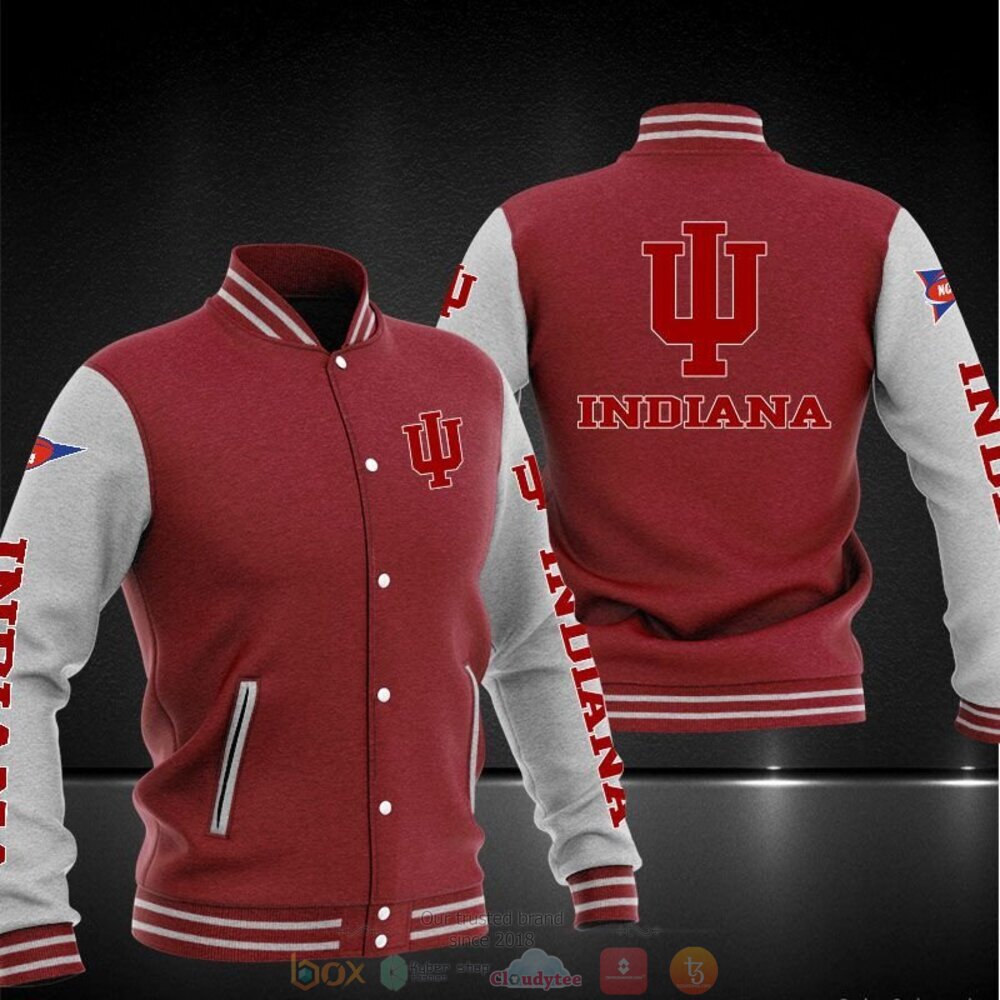 ncaa indiana hoosiers red grey baseball jacket button up zipper hooded all over print xbben