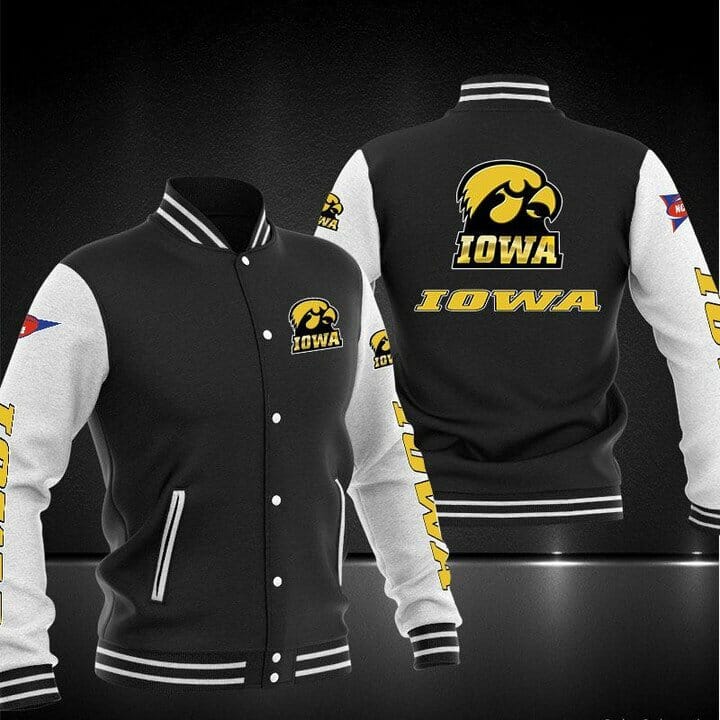 ncaa iowa hawkeyes black baseball jacket button up zipper hooded all over print eageg