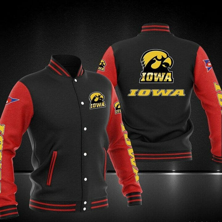 ncaa iowa hawkeyes black red baseball jacket button up zipper hooded all over print 068ar