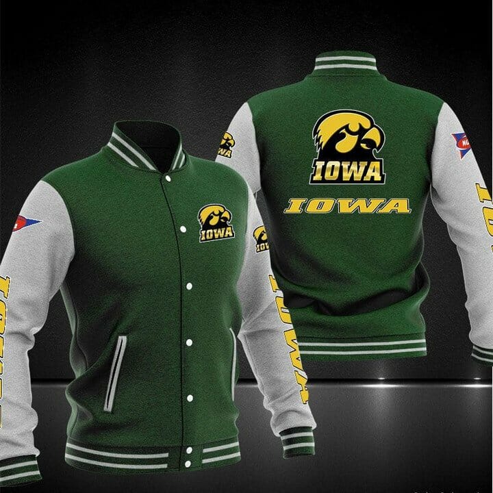 ncaa iowa hawkeyes green baseball jacket button up zipper hooded all over print echdz