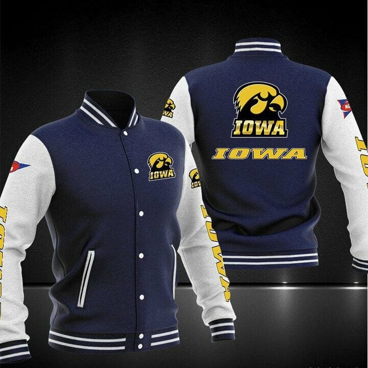 ncaa iowa hawkeyes navy blue baseball jacket button up zipper hooded all over print lwges