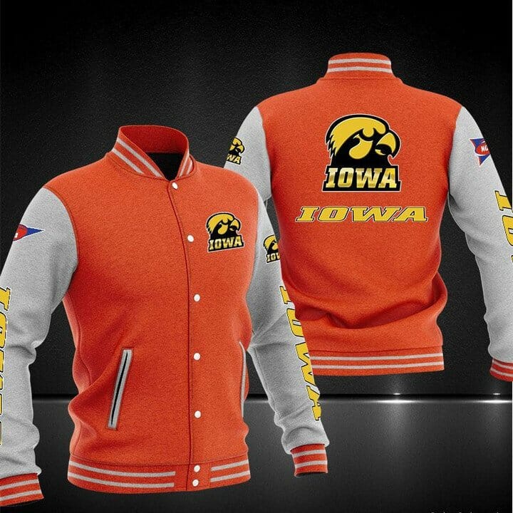 ncaa iowa hawkeyes orange baseball jacket button up zipper hooded all over print nzutz