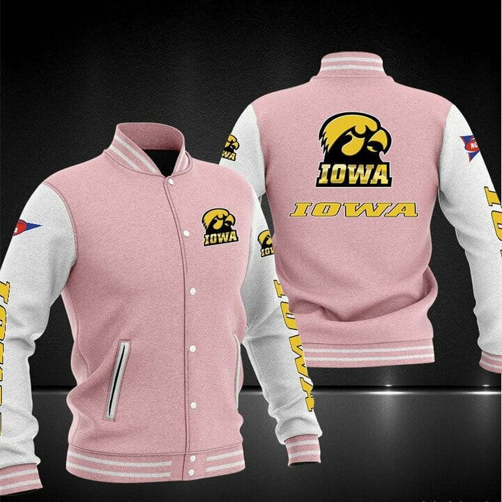 ncaa iowa hawkeyes pink baseball jacket button up zipper hooded all over print azlzd