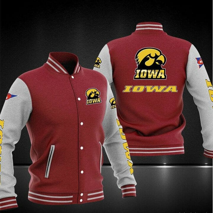 ncaa iowa hawkeyes red baseball jacket button up zipper hooded all over print vovd1