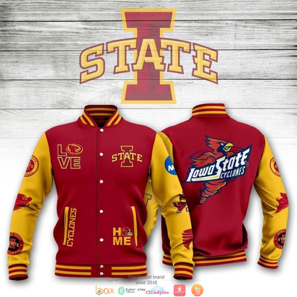 ncaa iowa state cyclones cardinal gold baseball jacket button up zipper hooded all over print nnr93