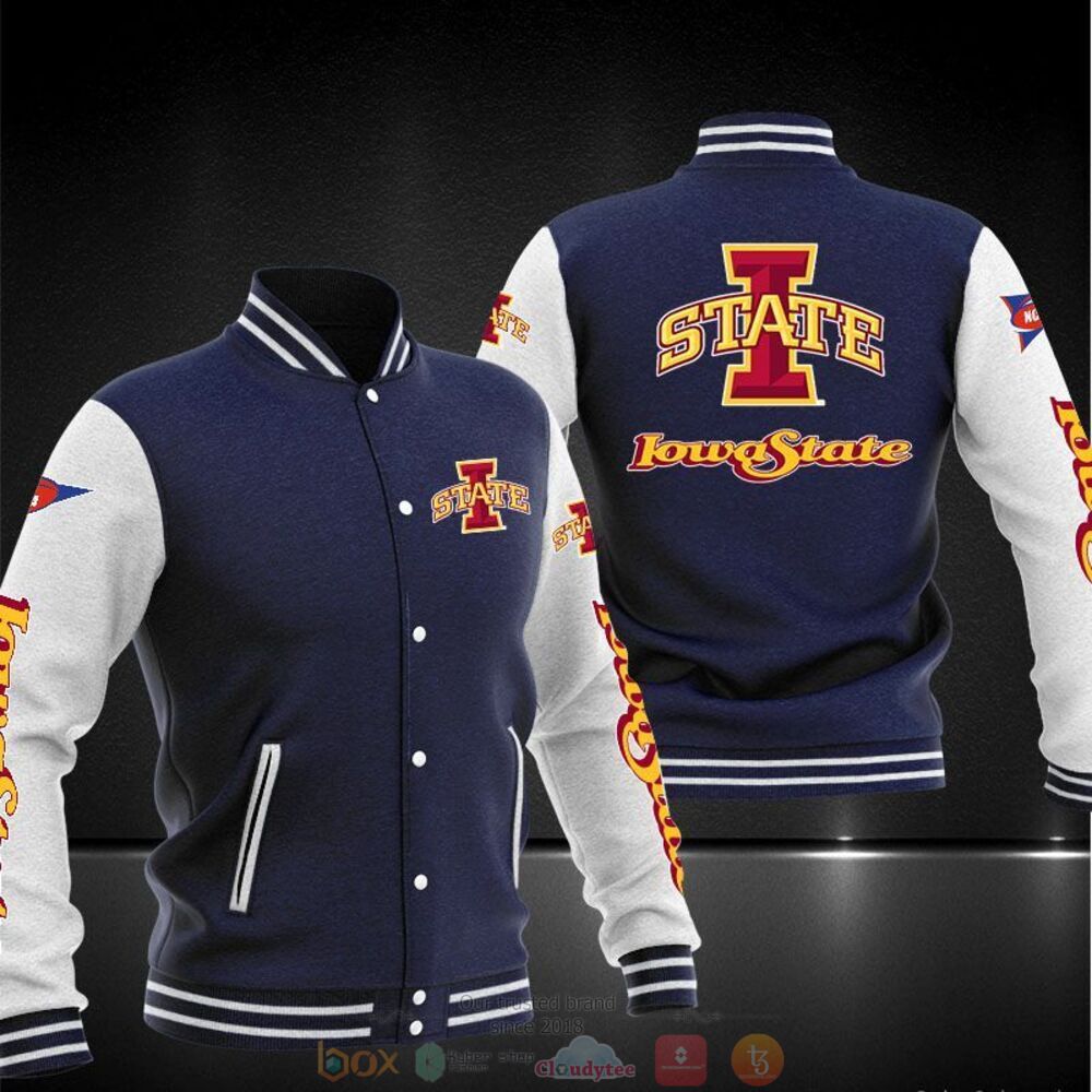 ncaa iowa state cyclones navy blue baseball jacket button up zipper hooded all over print p8eez