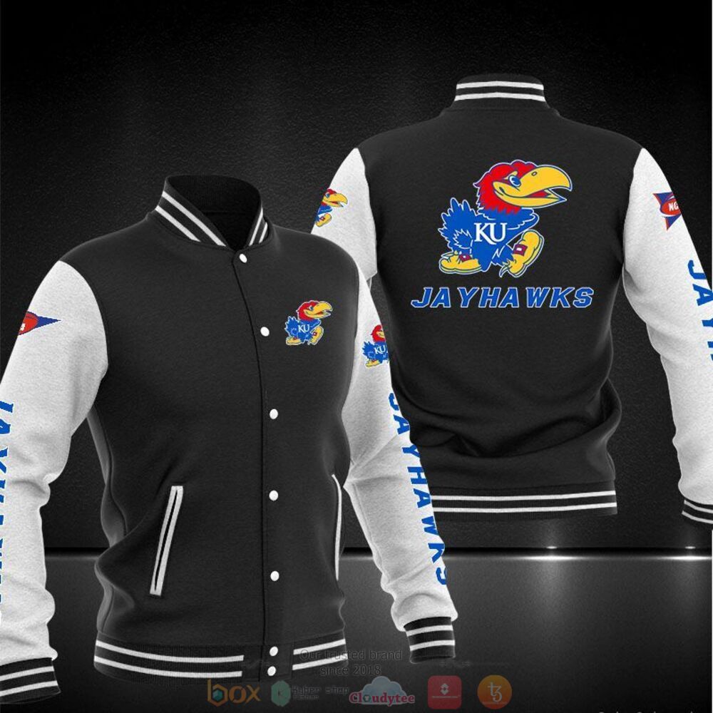 ncaa kansas jayhawks black baseball jacket button up zipper hooded all over print f5mwc