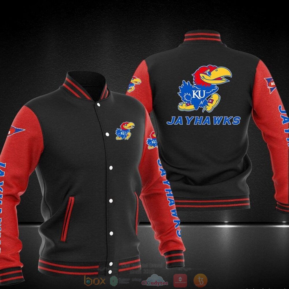 ncaa kansas jayhawks black red baseball jacket button up zipper hooded all over print mhbw6