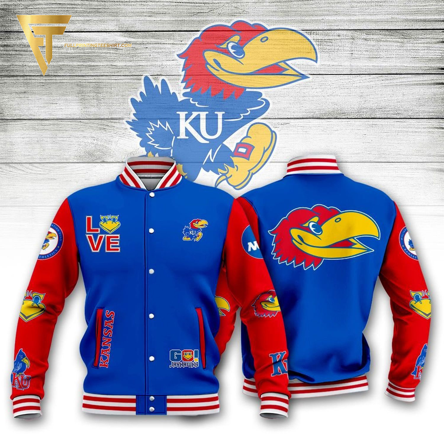 ncaa kansas jayhawks blue red baseball jacket button up zipper hooded all over print lpsjw