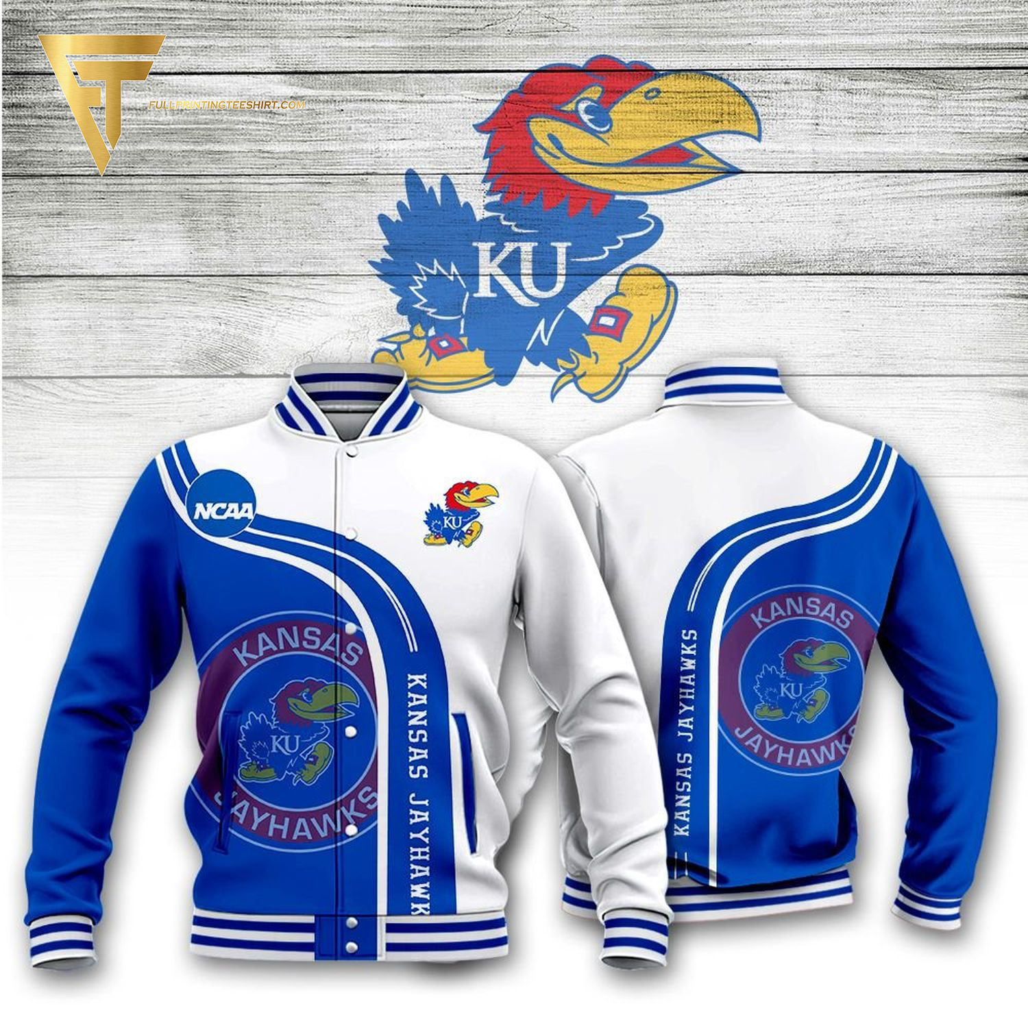 ncaa kansas jayhawks blue white baseball jacket button up zipper hooded all over print 8gaad