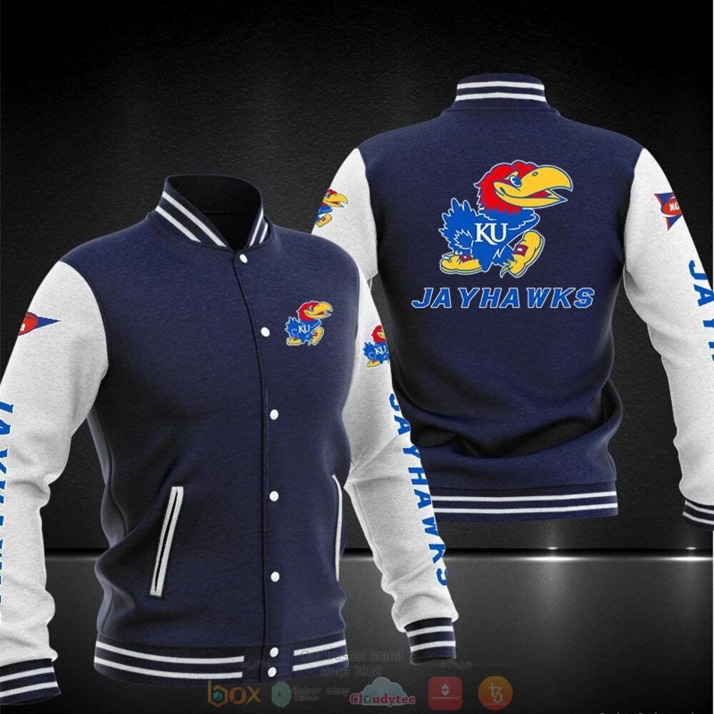 ncaa kansas jayhawks navy blue baseball jacket button up zipper hooded all over print izdhv