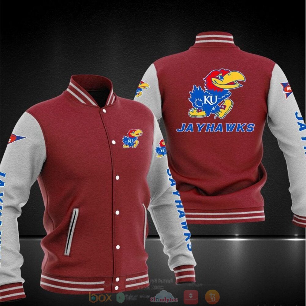 ncaa kansas jayhawks red grey baseball jacket button up zipper hooded all over print j6svs