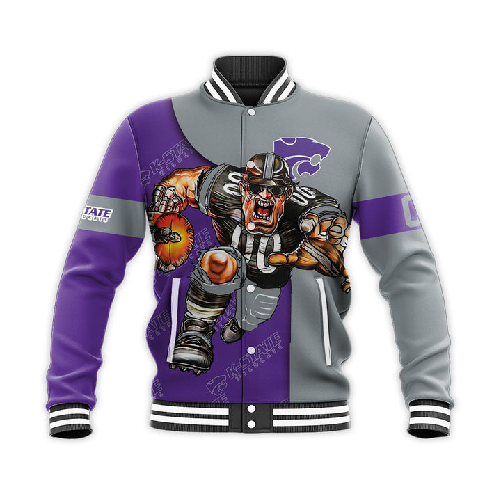 ncaa kansas state wildcats custom number purple silver mascot baseball jacket button up zipper hooded all over print qykym