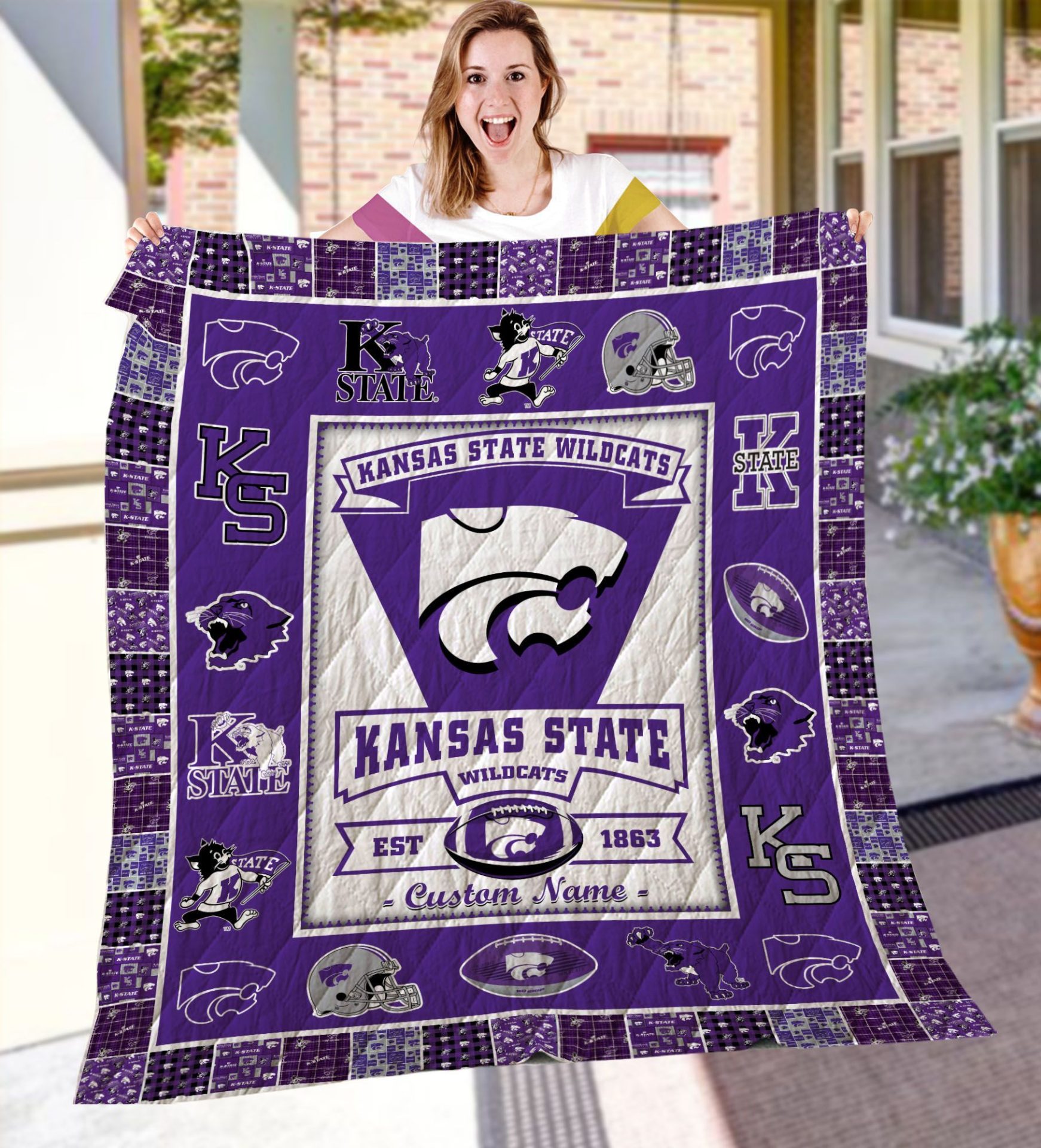 ncaa kansas state wildcats name personalized purple white est 1864 quilt fleece blanket wfqf252 mmaaz