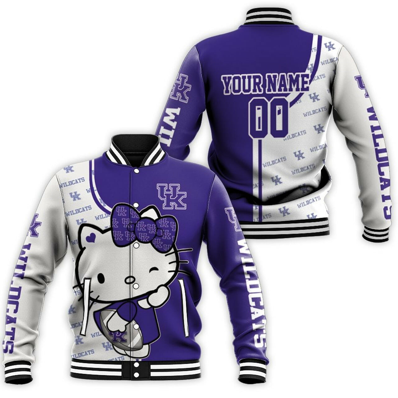 ncaa kentucky wildcats custom name number hello kitty baseball jacket button up zipper hooded all over print 2df7m