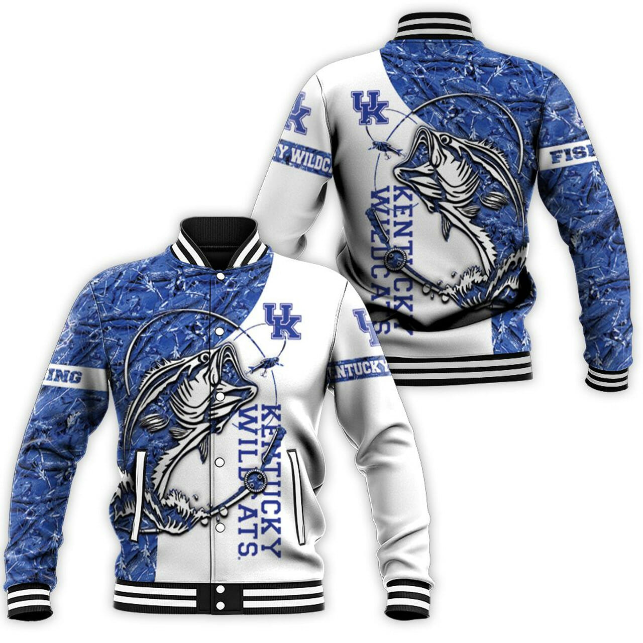 ncaa kentucky wildcats white blue fish baseball jacket button up zipper hooded all over print hryxc