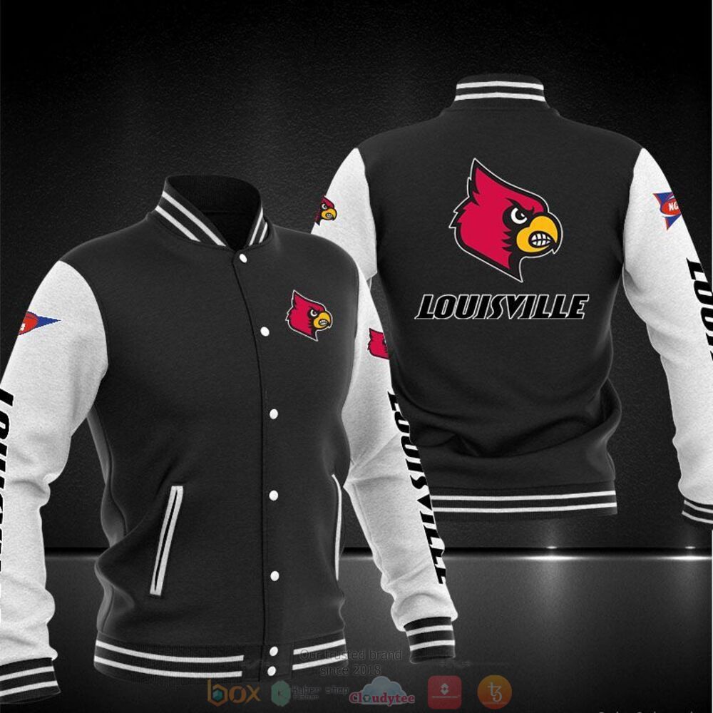 ncaa louisville cardinals black baseball jacket button up zipper hooded all over print 1gmii