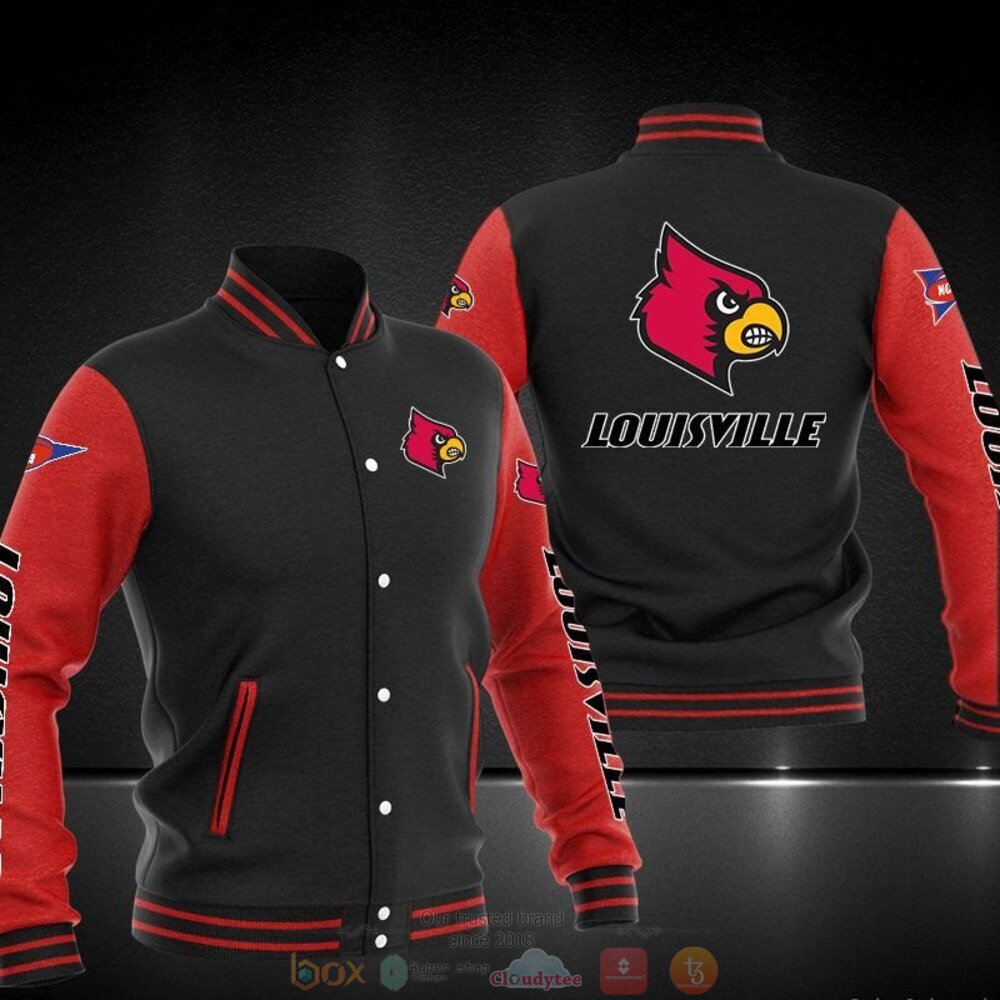 ncaa louisville cardinals black red baseball jacket button up zipper hooded all over print f84c6